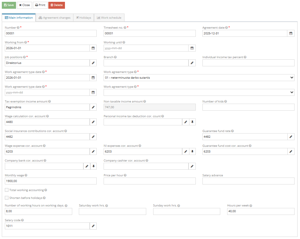 Filling employment contract data